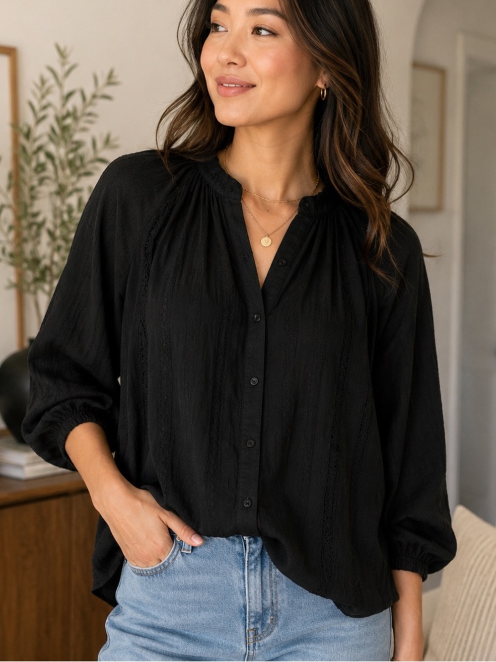 Universal Thread Black Lace Trim Boho Peasant Blouse NWOT Medium